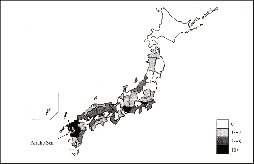 ビブリオ・バルニフィカス感染症の都道府県別発生件数（1975～2005年）